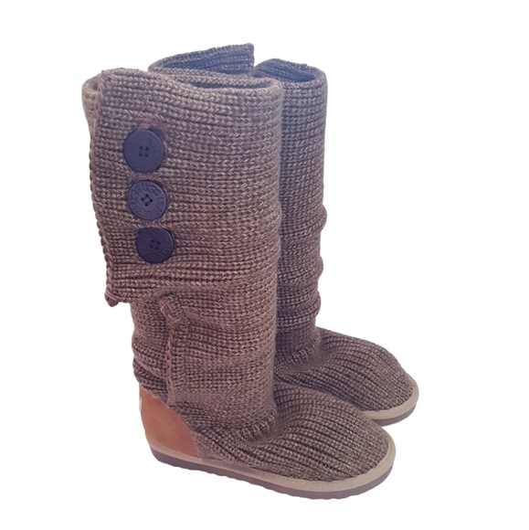UGG Brown Tall Soft Knit Boots With Buttons - Picture 2 of 14